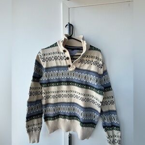 Tommy Hilfiger Cream, Blue & Green Patterned Button-Neck Sweater